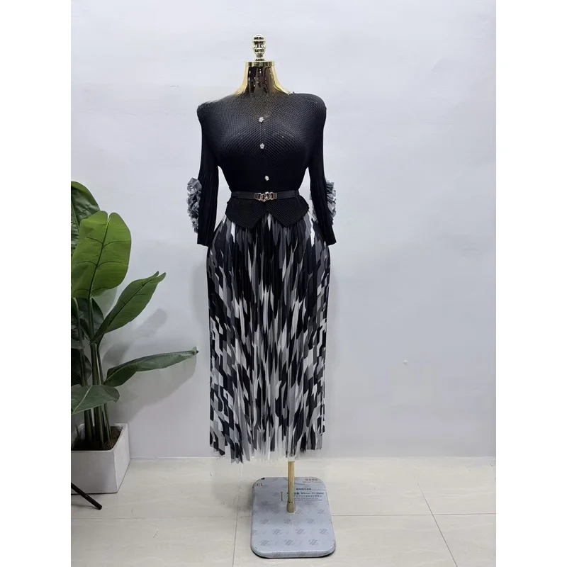 Miyake Elastic Plus Size Birthday Party Dress Fold Printed Elegant Pleated Dresses New Early Spring 2026 Collection Gown