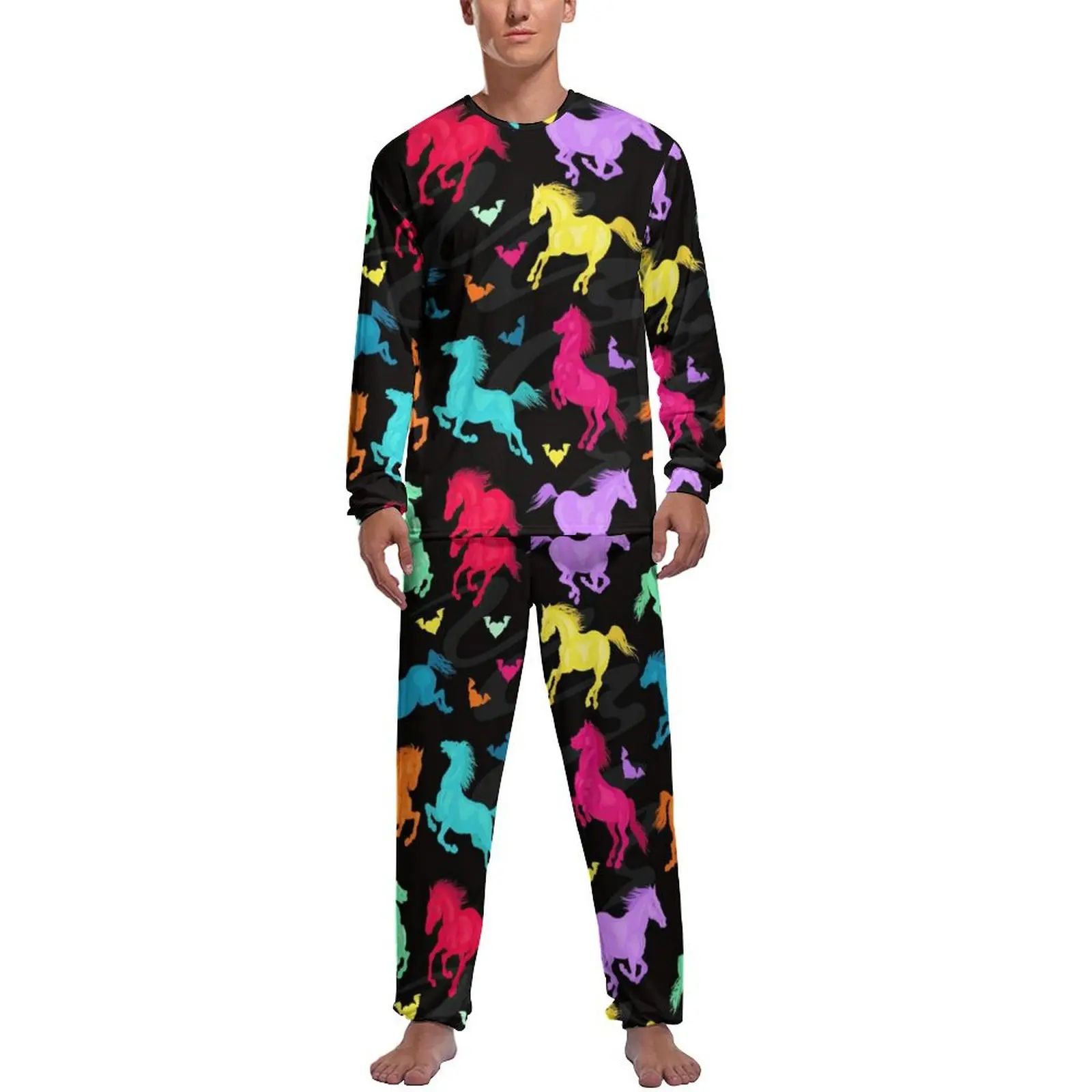 

Colorful Running Horse Pajamas Long Sleeve Cute Animal Print 2 Piece Aesthetic Pajamas Set Autumn Male Graphic Cute Nightwear