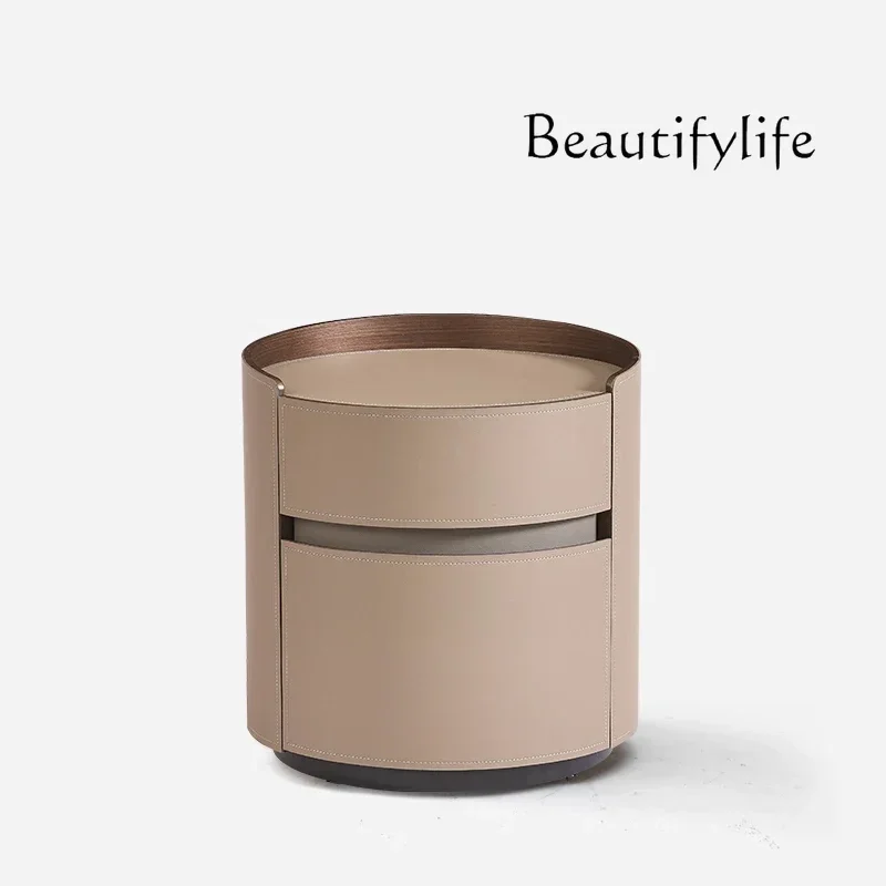 NN W طاولة بجانب السرير مصنوعة من الجلد الإيطالي البسيط بتصميم دائري إبداعي لغرفة النوم وخزانة تخزين فاخرة #2