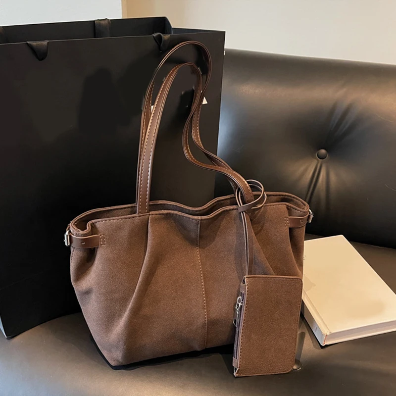 Sacs à bandoulière en daim pour femmes, grands fourre-tout légers sous les bras, sac à main de shopping décontracté, sacs seau de voyage de couleur unie
