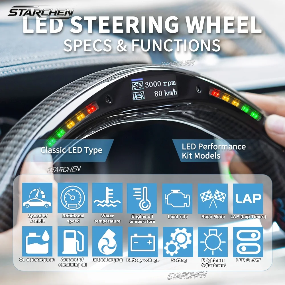 Real Carbon Fiber Smart Colored LED Steering Wheel for Dodge Charger Challenger Durango Srt Hellcat 2015-2026 (Heated)