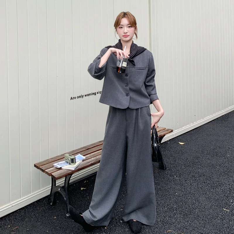 

2025 autumn new fashion two-piece set women's light and mature senior style slimming round neck jacket+wide leg pants