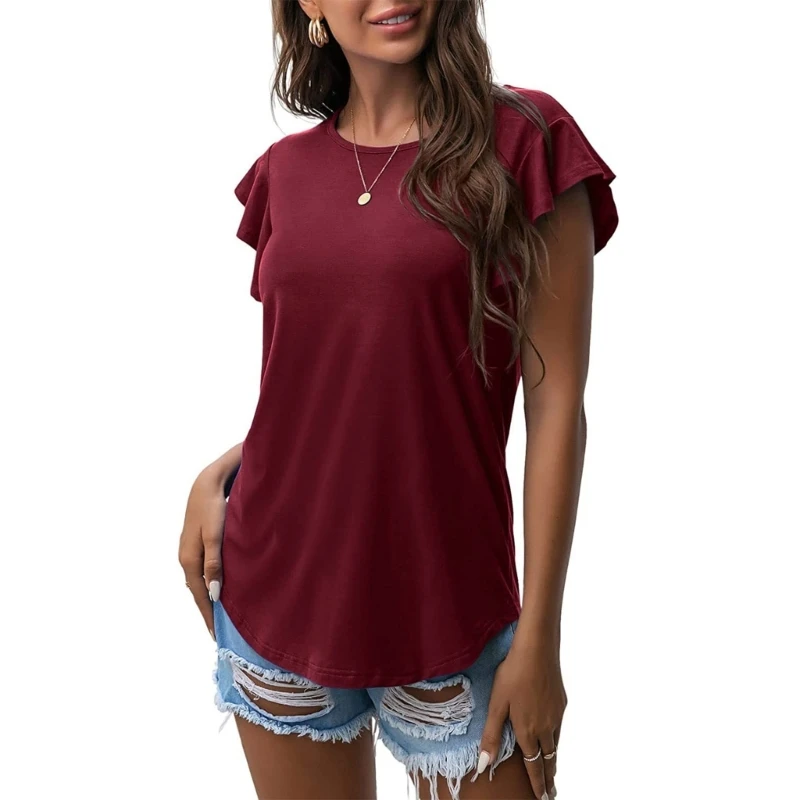 Women Summer Flutter Short Sleeve T-Shirt Casual Loose Crew Neck Plain Tunic Top