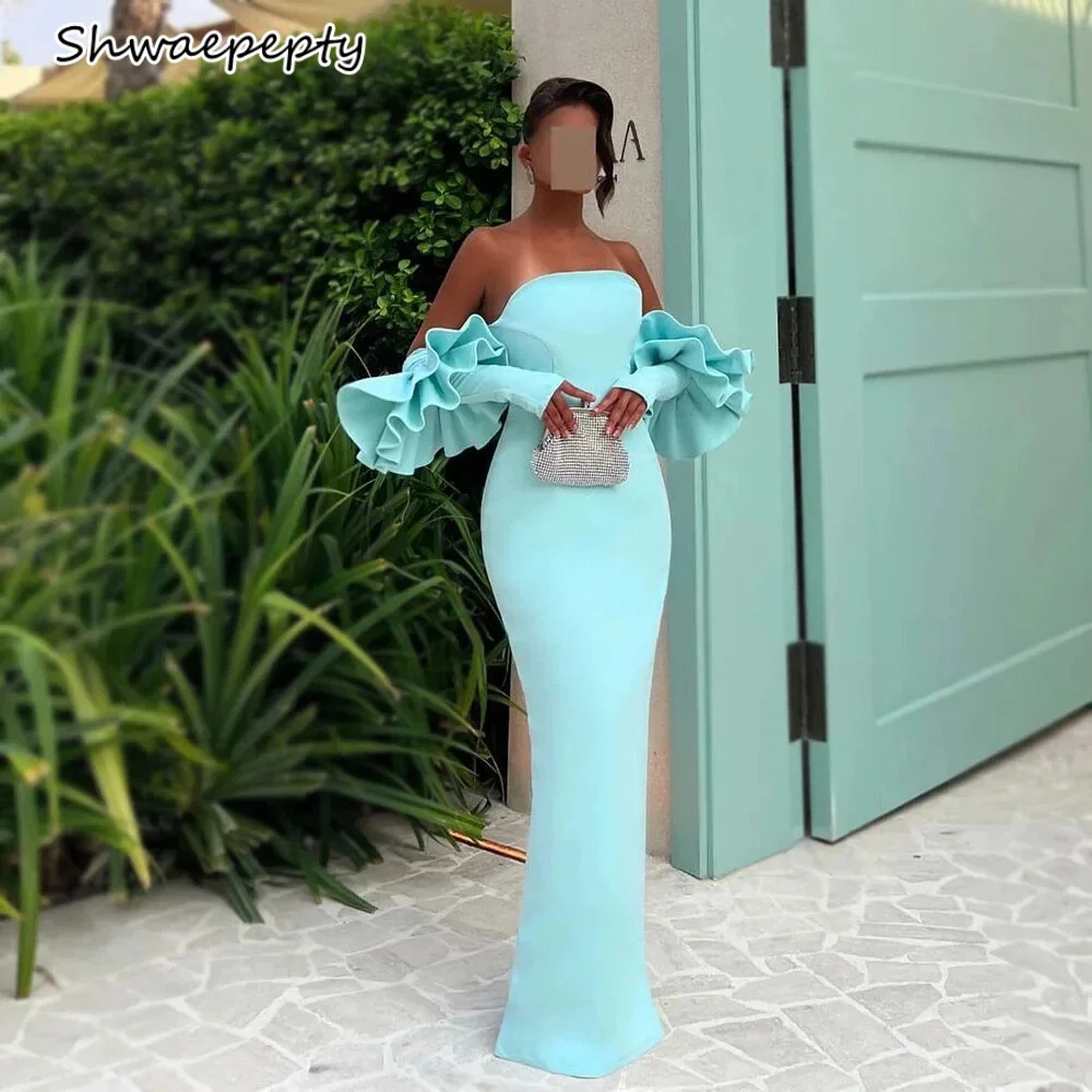 

Sheath Strapless Sexy Slit Prom Dress With Removable Ruffle Sleeves Chic Satin Long Women Party Gown Customized
