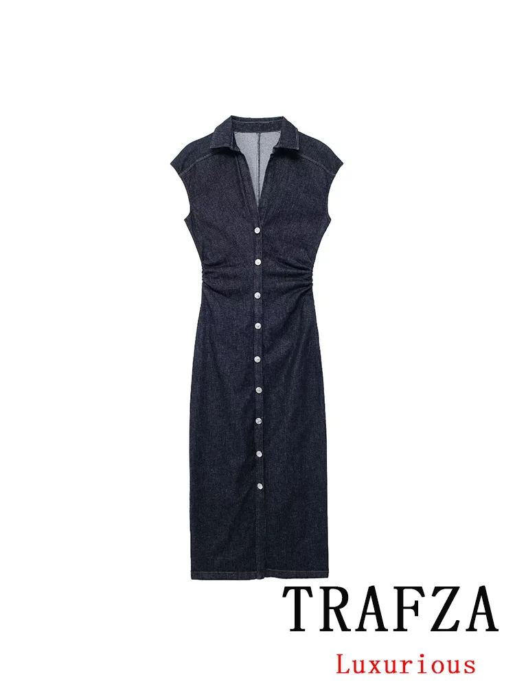 TRAFZA Vintage Chic Denim Pleated Women Dress Solid Sleeveless V Neck Button Straight Vestidos Fashion 2024 Summer Elegant Dress