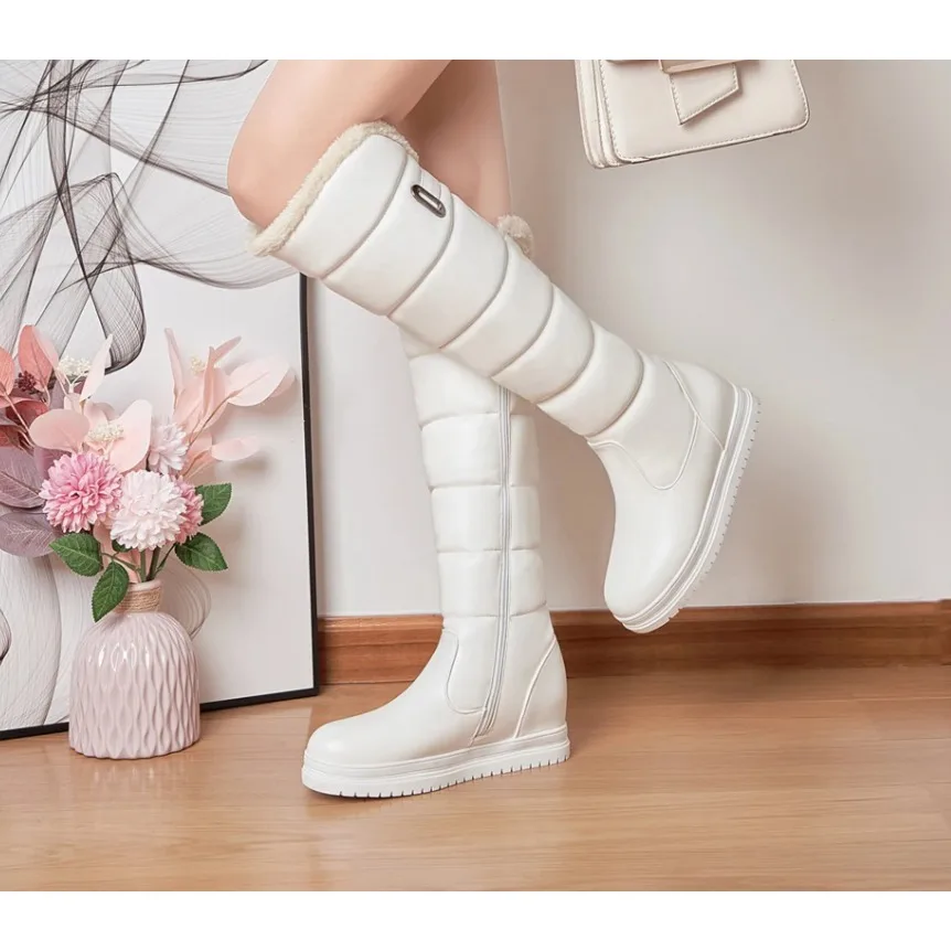 

Winter Warm Pink White Snow Boots Women Shoes 2025 Low Heels Knee High Boots Female Platform Plush Long Boats Mujer