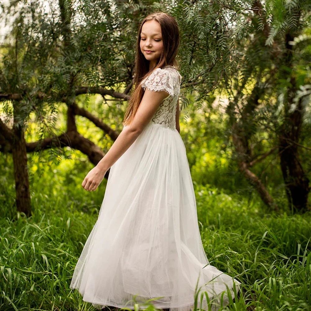 Vestidos de flores de corte en A para niña, apliques de encaje con cuello redondo y espalda descubierta, vestido de fiesta de cumpleaños de tul largo hasta el té, vestidos de primera comunión