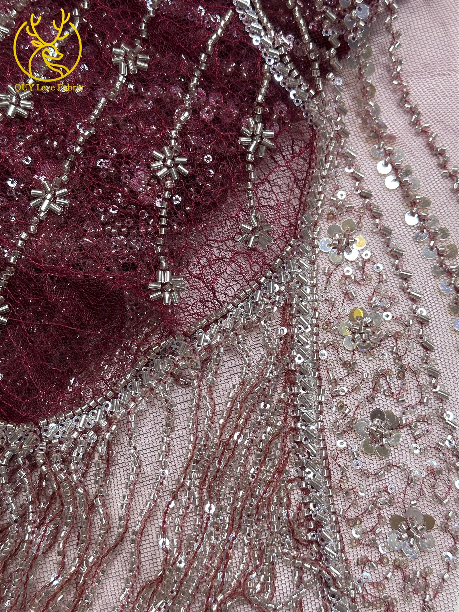 Neues Design 3D Laser Quasten-Perlen-Spitzenstoff Luxuriöser Hochwertiger Afrikanischer Pailletten-Spitzenstoff für Damen-Abendkleider zum Nähen – Detail 21