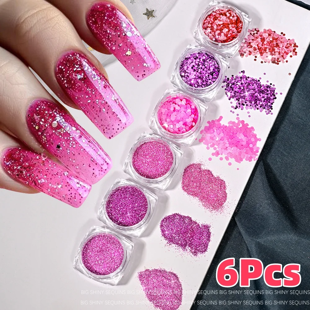 6 Pz/set Rosa e Viola Mix Glitter Per Unghie Polvere/Paillettes Scintillanti Esagono Fiocchi per Il Trucco Del Partito Ombretto Corpo Manicure Decorazioni