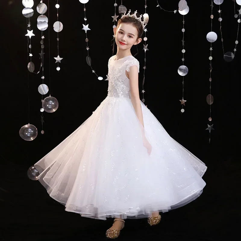 

Girl's Dress 2024 Spring New Western Style Flower Boy White Fairy Host Walk Show Birthday Piano Performance Dress