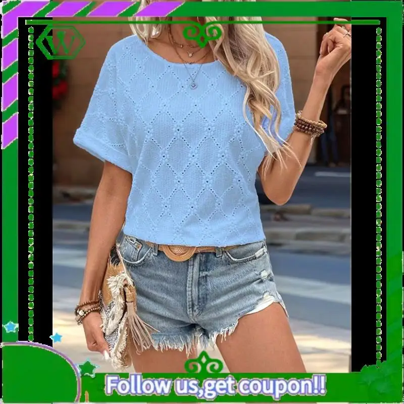 

A18P-Women's Eyelet Embroidery Short Sleeve Shirt Button Back Crew Neck Loose Casual Knit Basic Tops