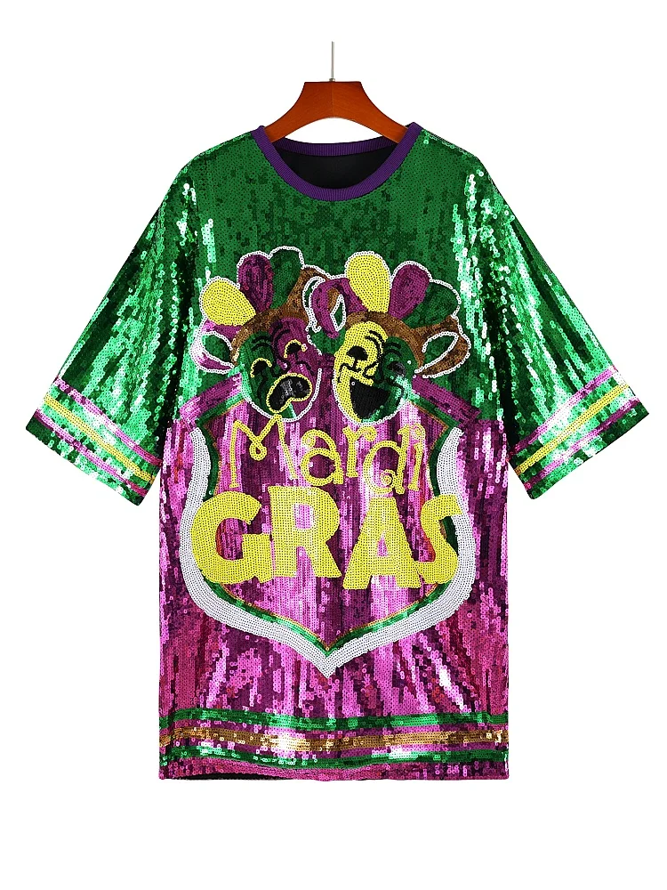 Robe de soirée à paillettes pour femmes, Mardi Gras Twin Jesters, tenue de carnaval, décontractée, manches courtes, t-shirt à paillettes