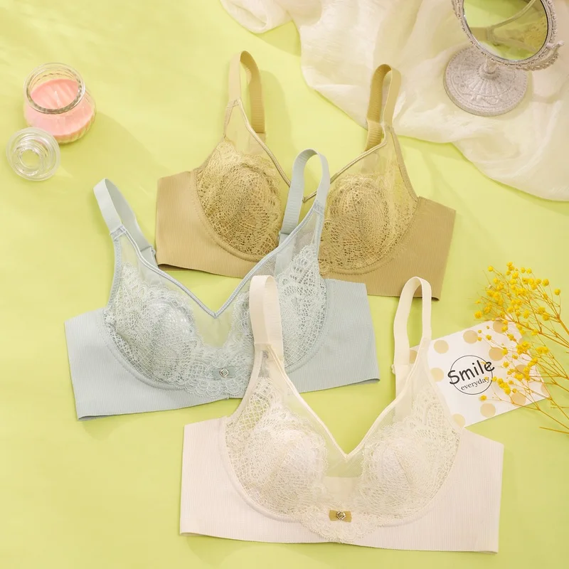 

Women's Bra Lace Ultra-thin Rabbit Ears Breathable Latex French Underwear Women's Big Breasts Small Adhesive Side Bone Bra