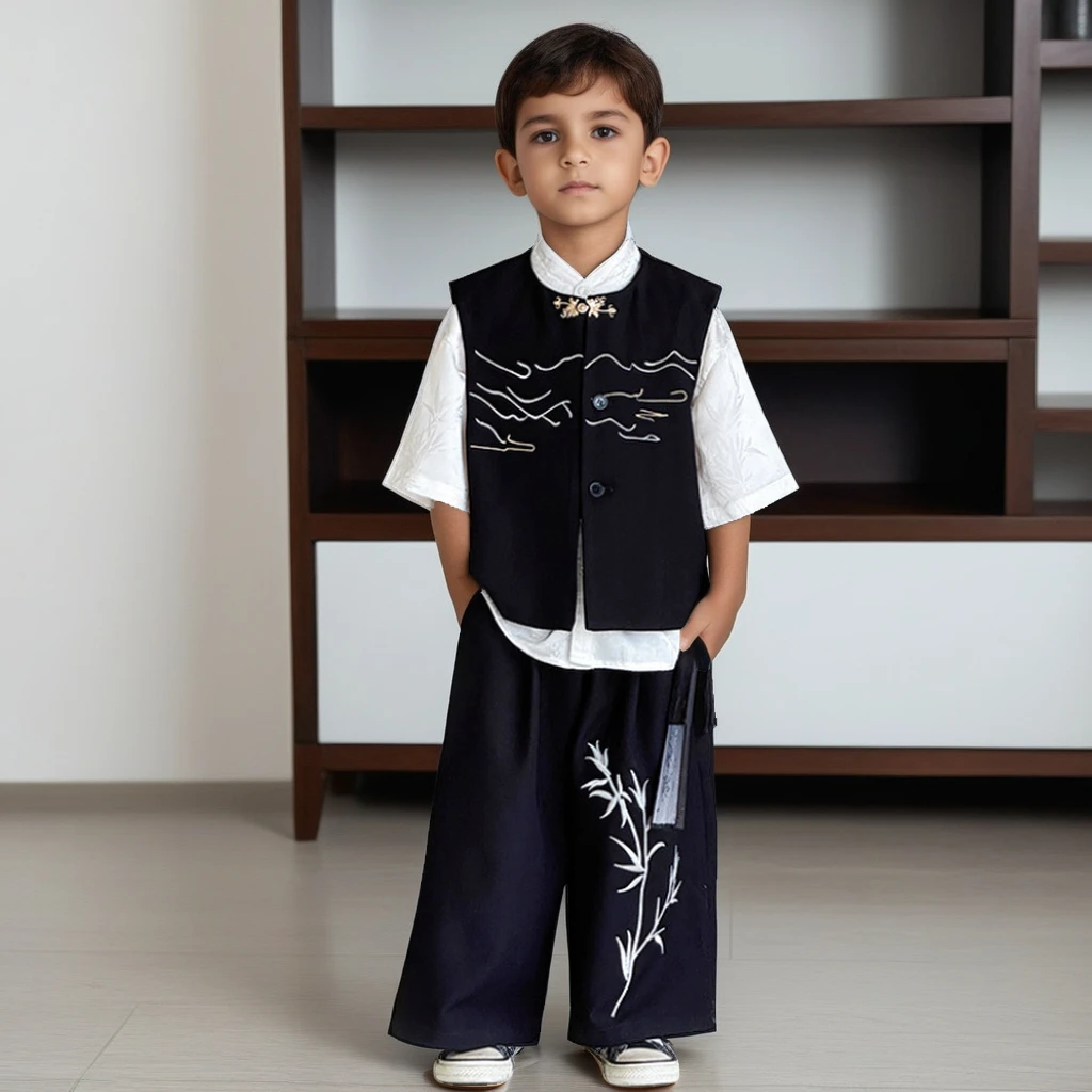 Black Fashion Embroidery Lucky Cloud Print Boys Costume Set Elegance Formal Kids Outfit for Performances Ages 10-12 Boy Clothes