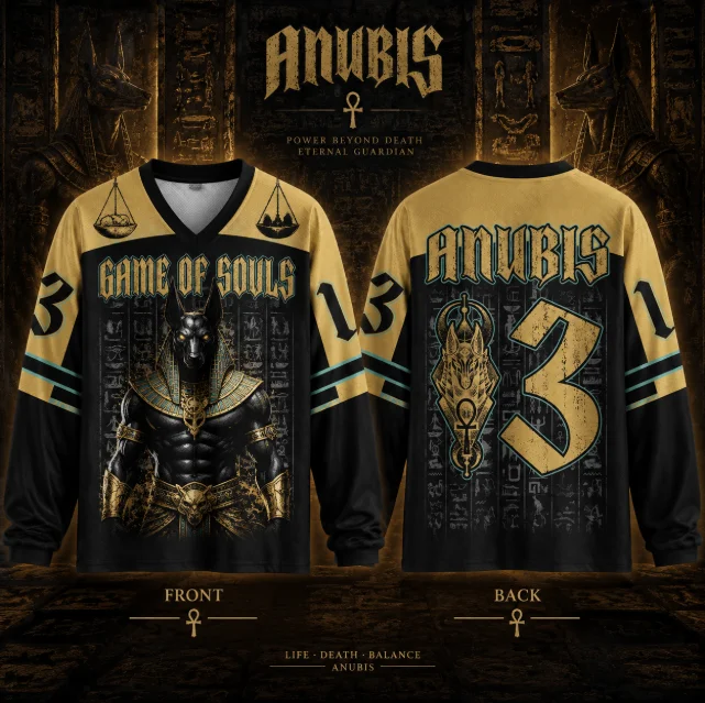 Vintage Anubis Graphic Long Sleeve Jersey Men Women Egyptian God Ankh Symbol Print V-neck Mesh Oversized Streetwear Shirt