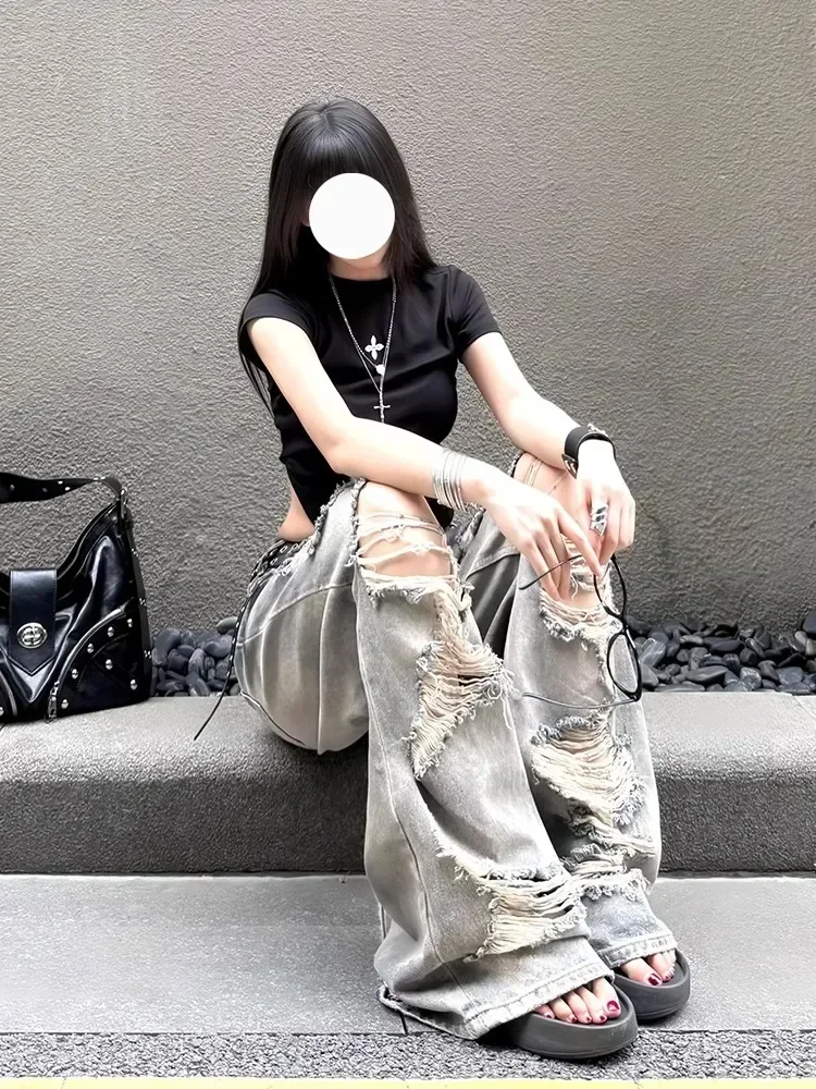 جينز ممزق كبير الحجم مقاس سمين أمريكي ريترو سبايس جيرل مغسول جينز نسائي صيفي جديد فضفاض واسع الساق