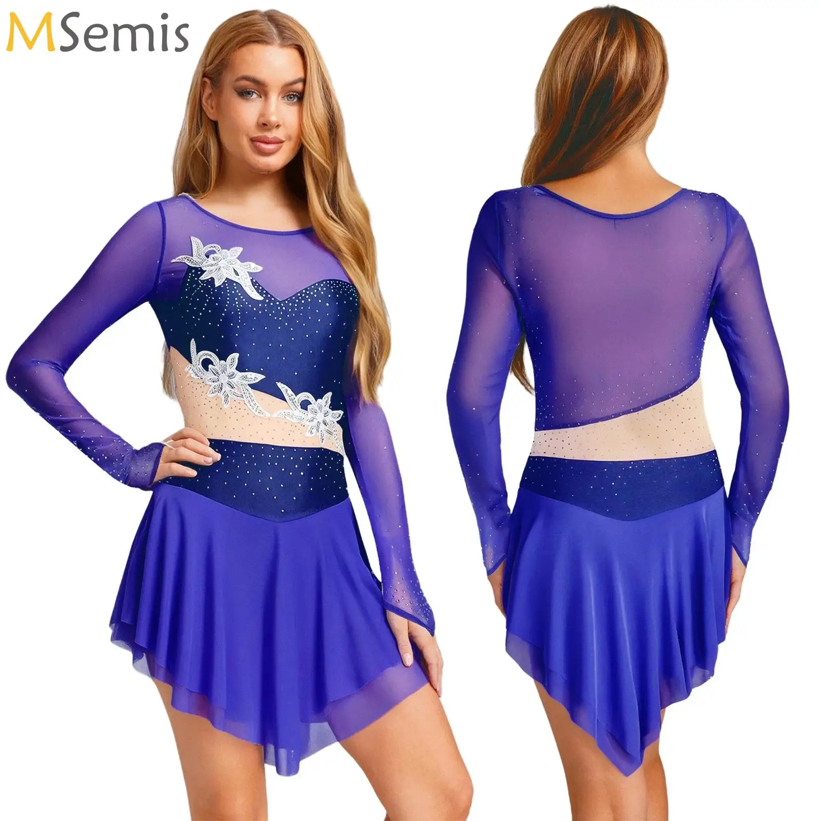 

Womens Rhinestone Embroidery Figure Skating Dress Mesh Long Sleeve Ballet Dance Leotard Dress Performance Competition Costume