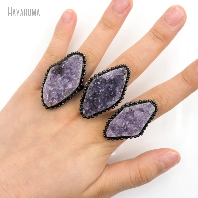 

10Pcs Wholesale Soldered Free Form Vintage Handmade Raw Ore Antique Silver Color Tin Amethysts Druzy Cluster Ring RM50401