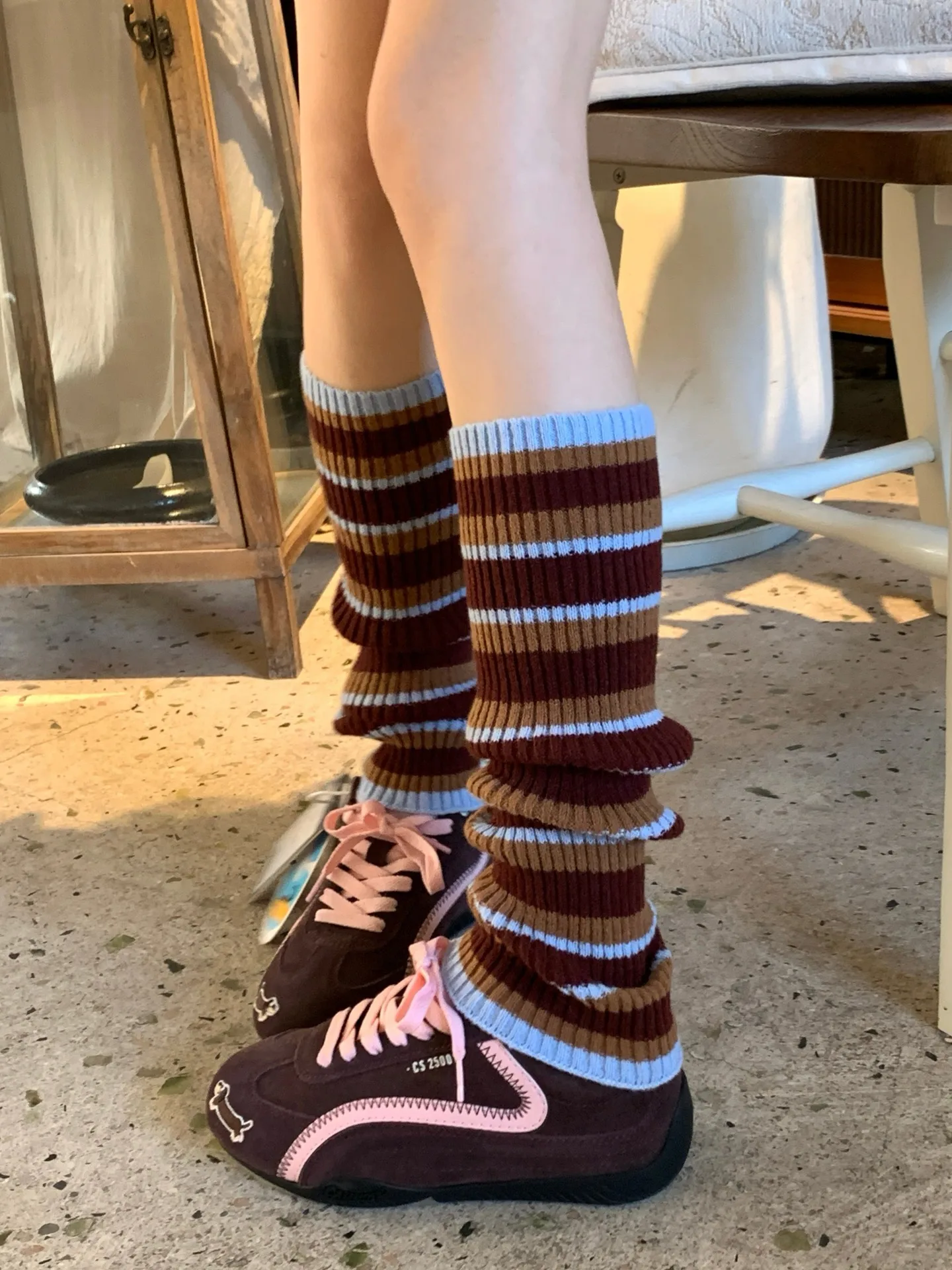 1Pair Women Retro Color‑Block Striped Knit Leg Warmers Ribbed Slouchy Calf Covers Y2K Autumn Outfit
