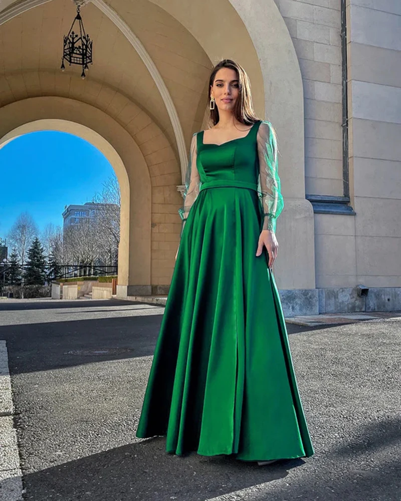 Vintage Green Wome Long Evening Dress Fashion Gauze Long Sleeves Party Prom Dresses Sexy High Side Split Ladies Robe De Soiree