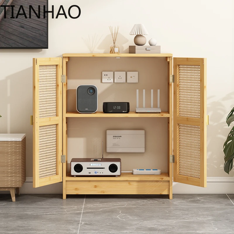 Modern WiFi Router Storage Cabinet Rattan Woven Living Room Cabinet for Set-top Box Minimalist Cable Organizer with Ventilation