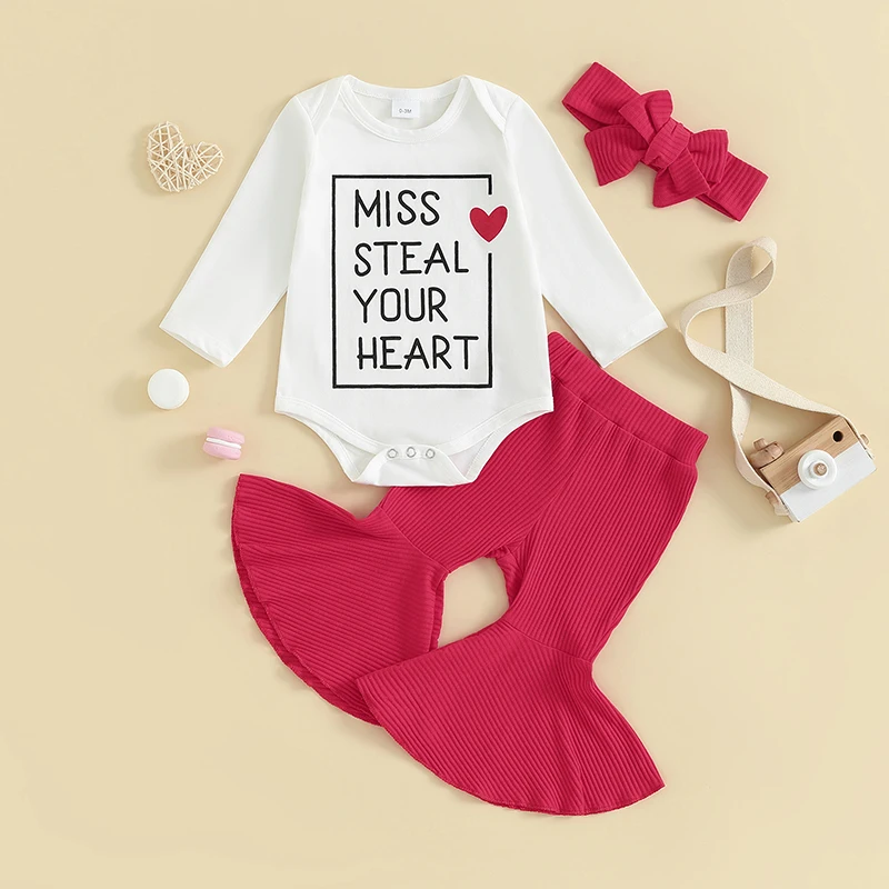 2023-10-17 Lioraitiin 0-18M Baby Girl Valentine s Day Outfit Letter Print Long Sleeve Romper Bell Bottom Pants with Handband Set