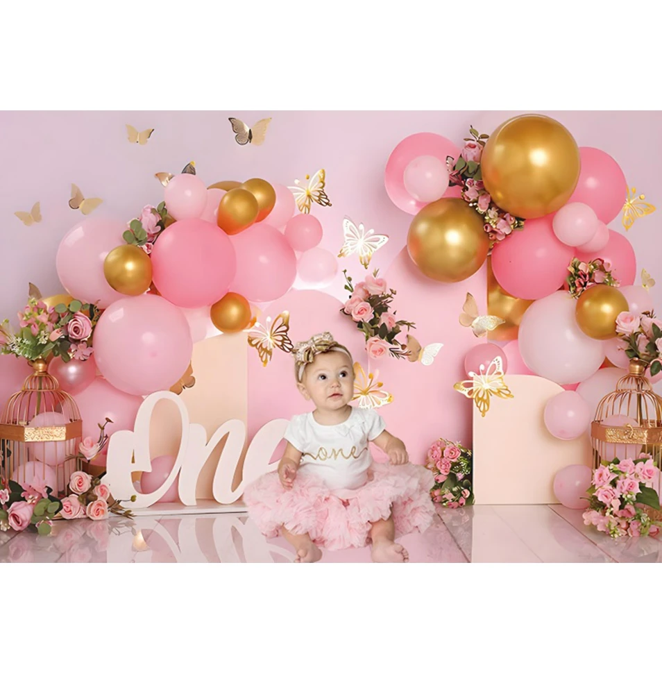 Baru Lahir Bayi Ulang Tahun Pertama Latar Belakang Kue Smash Anak Perempuan Laki-laki Pink Biru Balon Tenda Bunga Ruang Interior Fotografi Latar Belakang Props