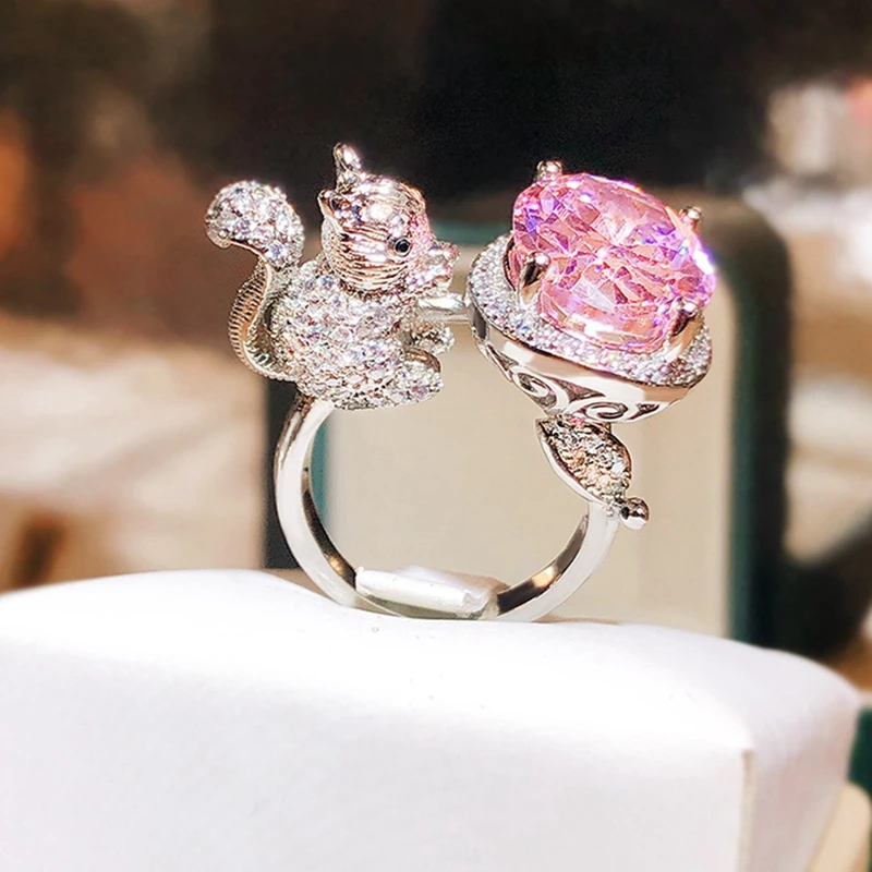 2024 New 925 Silver Plated Ring for Women's Creative Squirrel Pink Zircon Ring By Mouth Adjustable Jewelry Anniversary Gift