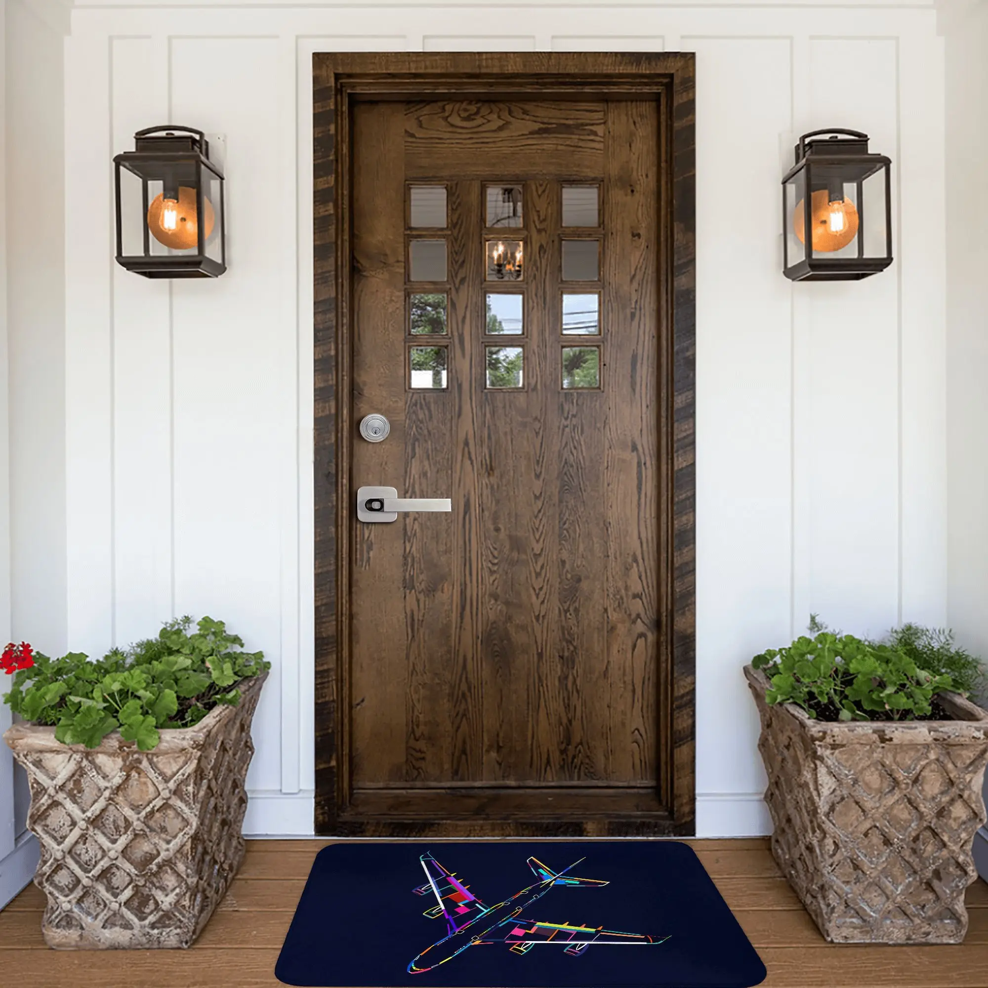 Neon Airplane Cross Design Doormat Dark Blue Background Printed Polyester Machine Washable Entrance Floor Mat