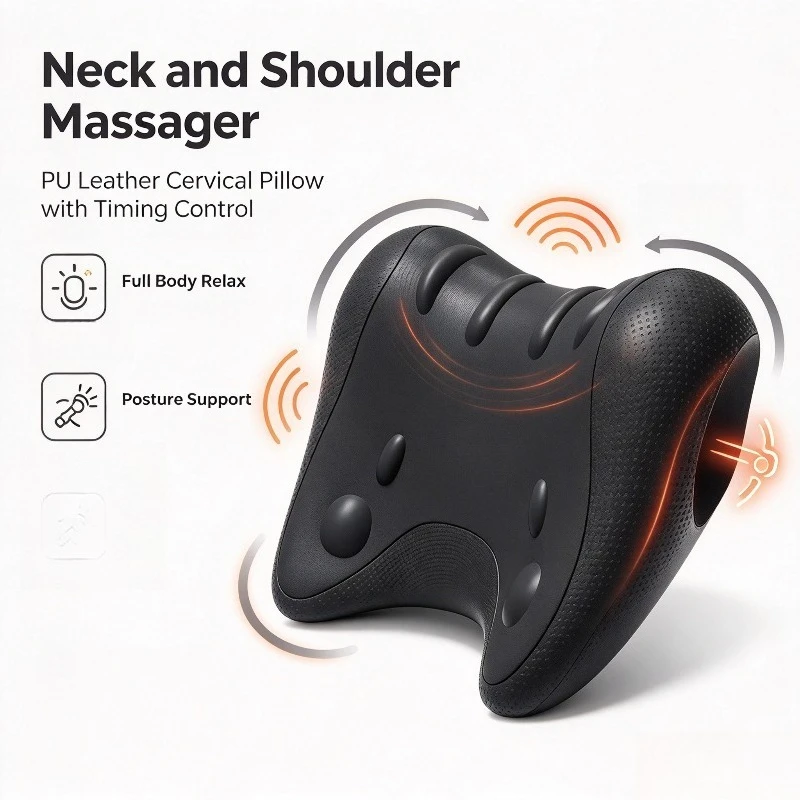 Full Body Neck Shoulder Massage Pillow Timing Control PU Leather Black Neck Support Cushion