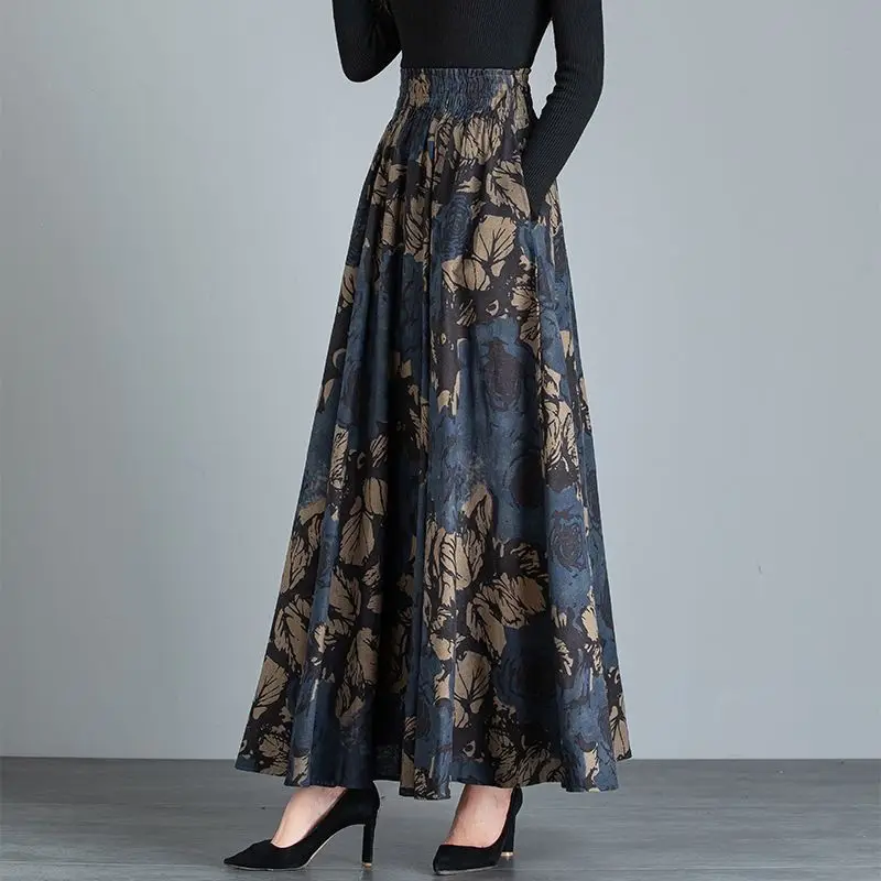 Autumn Women Clothing New Pocket Skirt High Waist Vintage Floral Printing Elastic Waist Chinese Style Luxury Paisley Midi Skirts