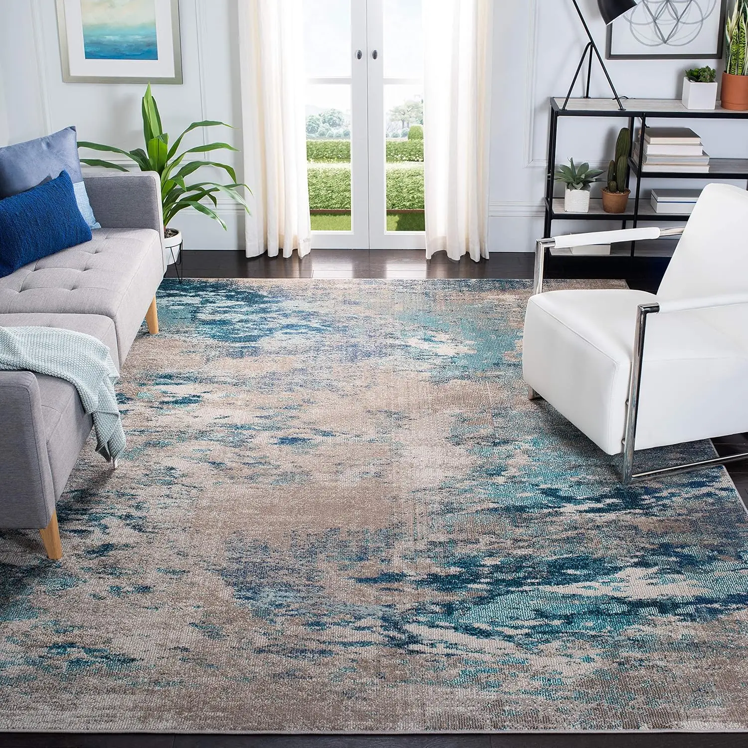 

X Large Area Rug Blue Grey Modern Boho Abstract Design Non Shedding Easy Care Ideal for High Traffic Areas in Living Room