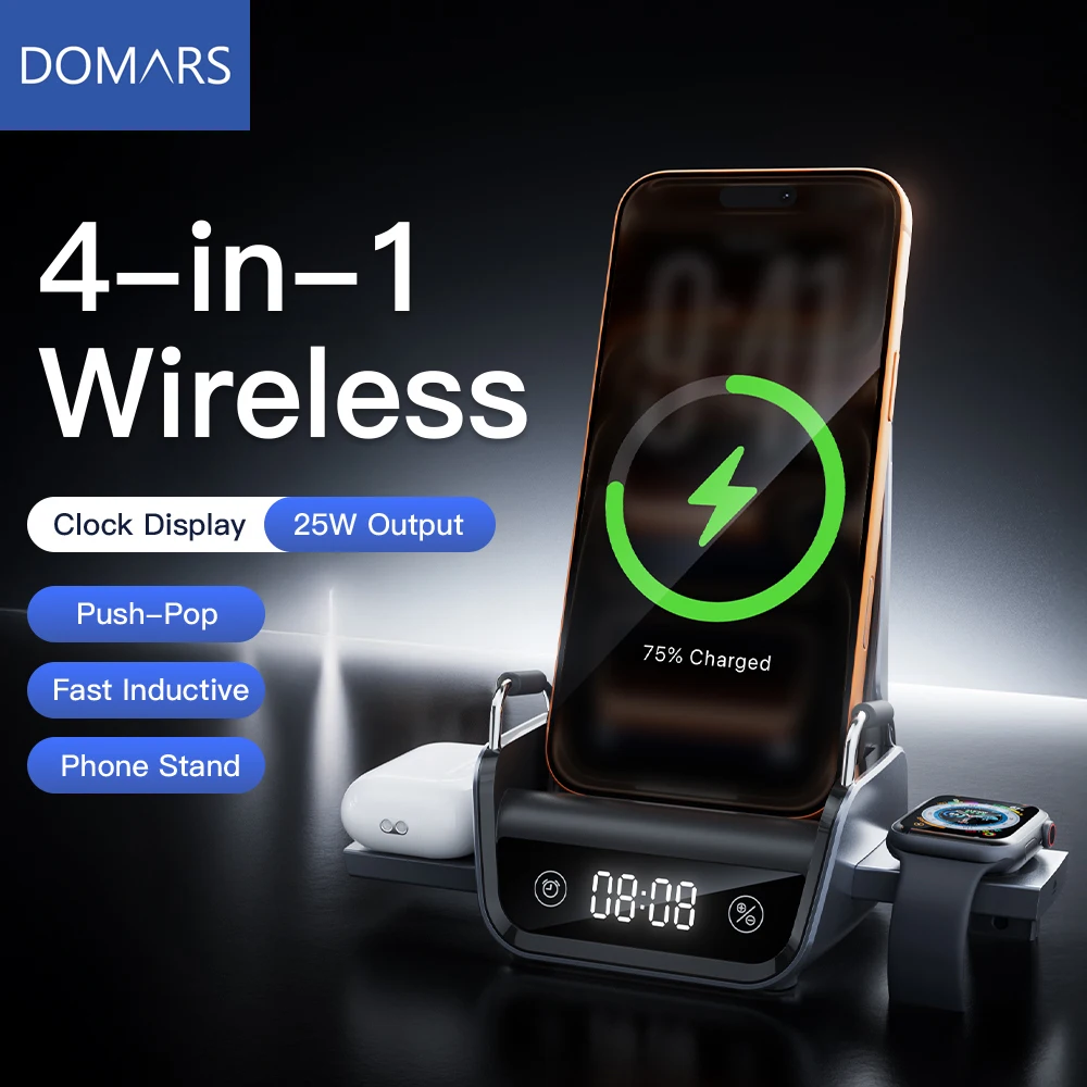 

Domars 4-in-1 Wireless Charging PD 25W Magnetic Charging Dock for Phones Earphones and Watches with Clock and Digital Display