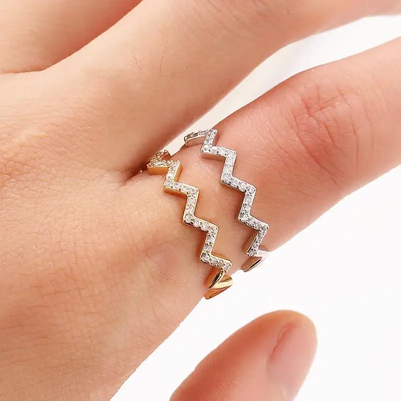 New Simple Exquisite Diamond Inlaid Wave Shape Ring Personalized Opening Adjustable Jewelry Ring