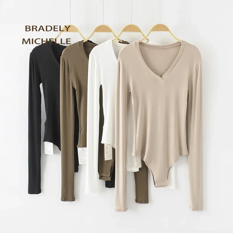 

BRADELY MICHELLE 2019 Autumn Sexy Women Slim Long Sleeve V-neck Tops Cotton knitted Bodysuits With Hidden Button Jumpsuis