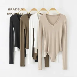 BRADELY MICHELLE Sexy Women Slim Long Sleeve V-neck Tops Cotton Knitted Bodysuits with Hidden Button Jumpsuis