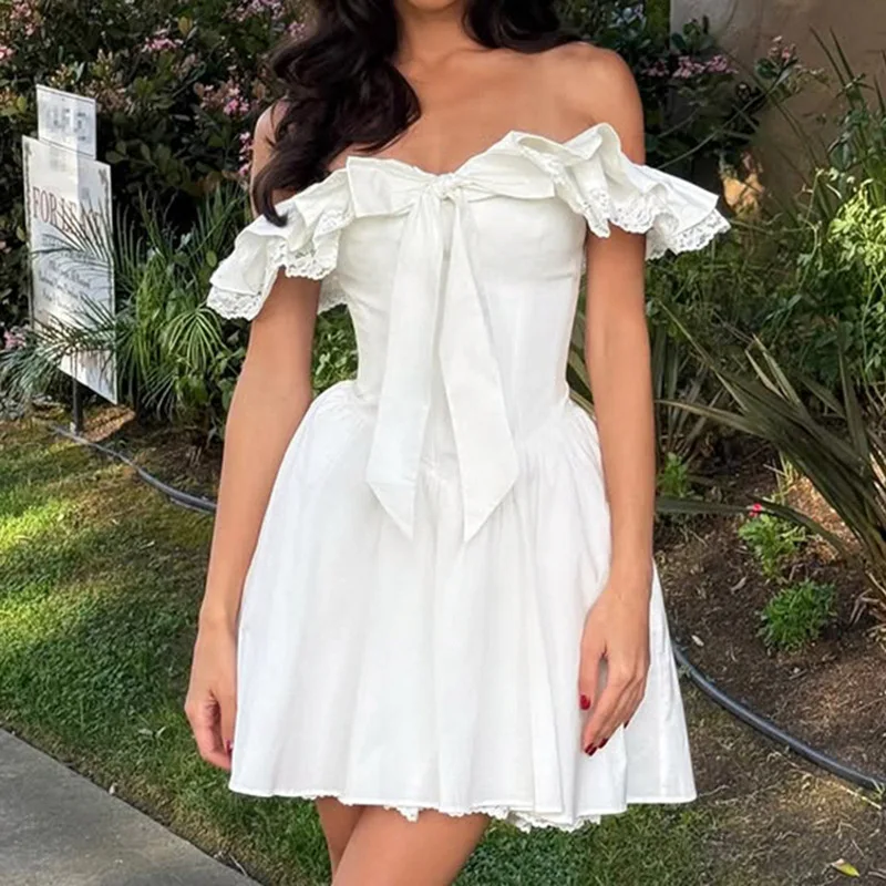 

French Romantic Vacation Style Pure Desire Bow Spicy Off Shoulder Dress Sweet Age Reducing Ballet Waist Puff Skirt for Women