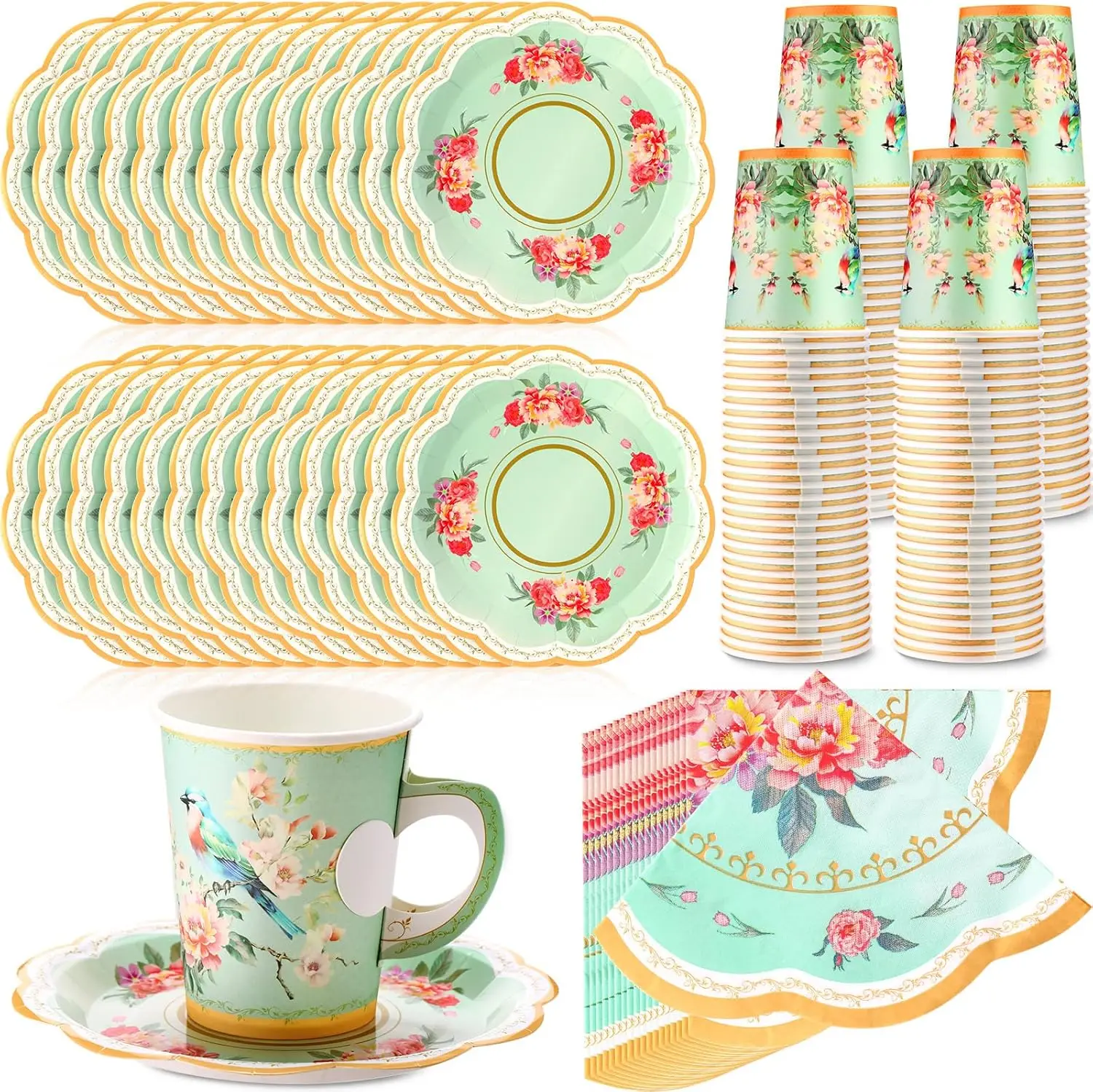 

300 Pcs Disposable Paper Tea Cups with Handle and Saucers, 9 oz Floral Tea Cup Set for Tea Party Wedding Baby Shower (Green)