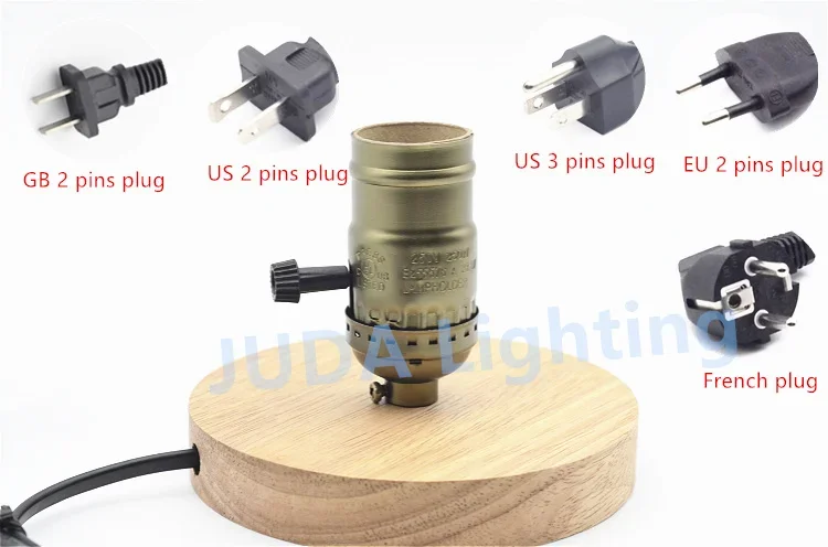Edison Vintage Wooden Base E26 e27 Socket Lamp Holder with Dimmer Switch ON / OFF Switch Cable Wire Led Table Lamp E27 Lamp Base
