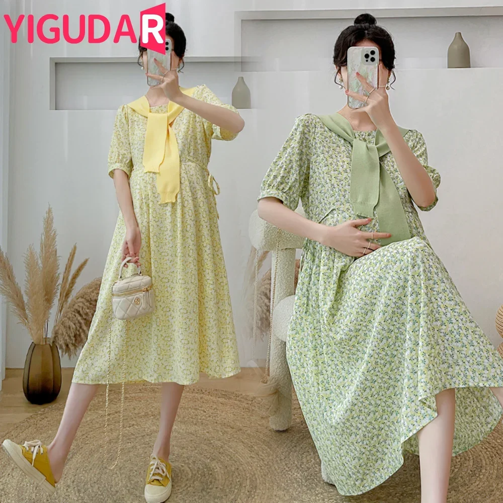 

French Green Summer New Maternity Clothes Casual 2025 Floral Travel Pregnancy Dresses Photo Shoot pregnant women clothing