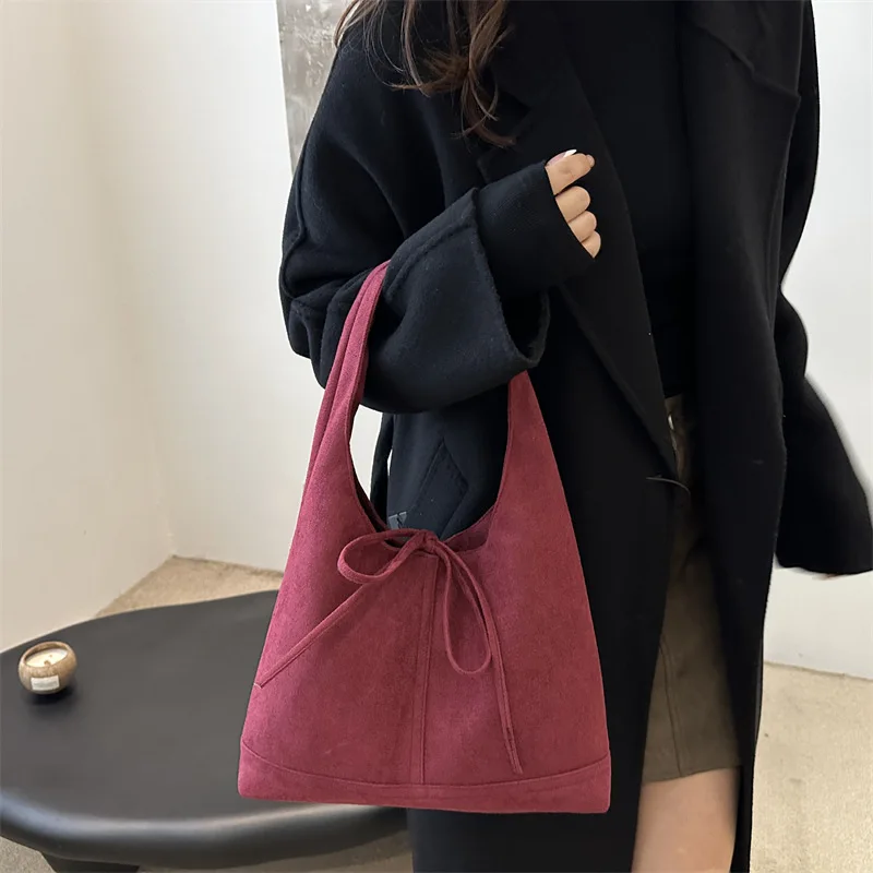 

Vintage Suede Tote Bag Large Capacity Fashion Shoulder Casual Solid Handbag Autumn Winter Bucket Underarm Bags for Women