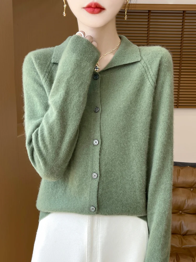 2024 New Women Cardigan Turn Down Collar Sweater Autumn Winter Long Sleeve Clothing 100% Merino Wool Knitwear Basic Grace Tops