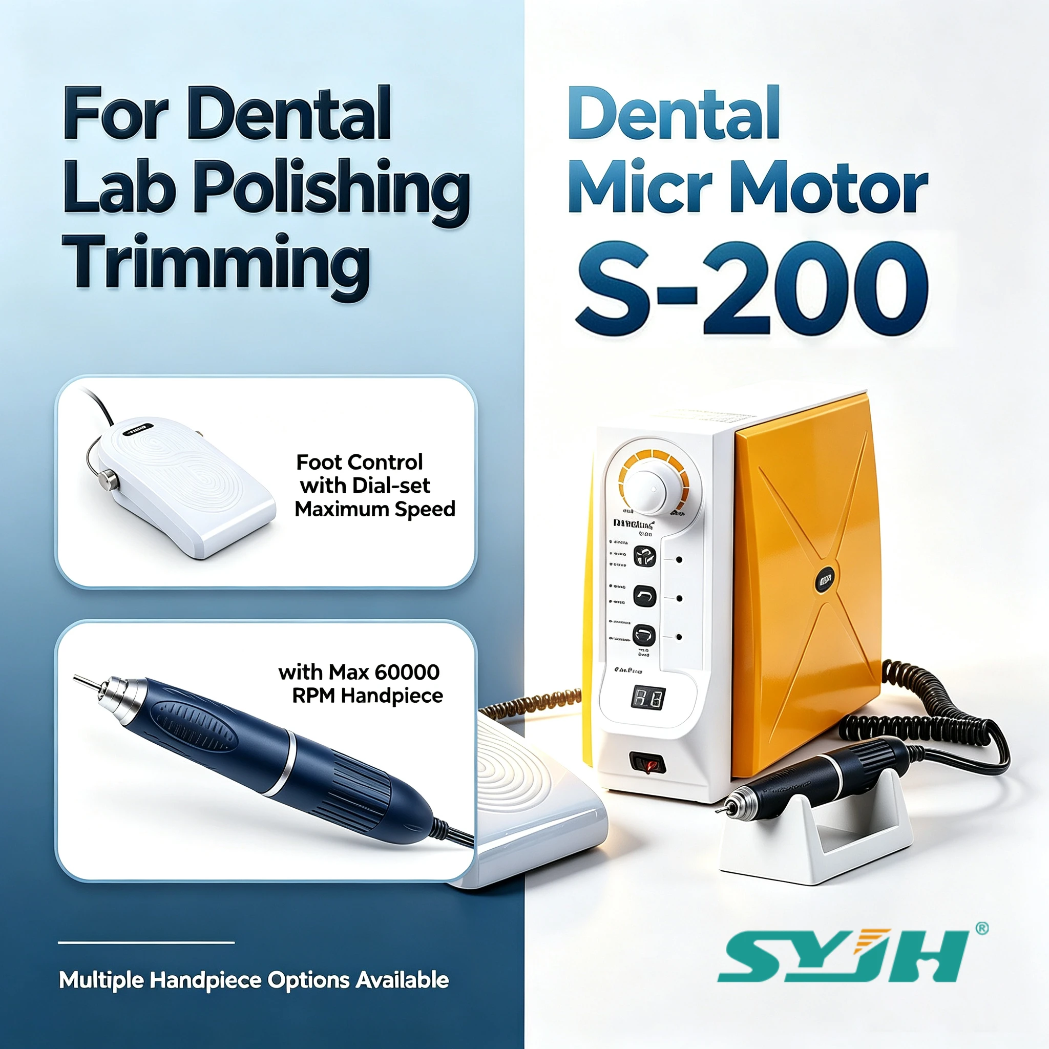 SYJH 60000RPM Handpiece FASTRONG S-200 Dental Micromotor 45W LED Foot Pedal Control Forward Reverse for Lab Polishing Equipment