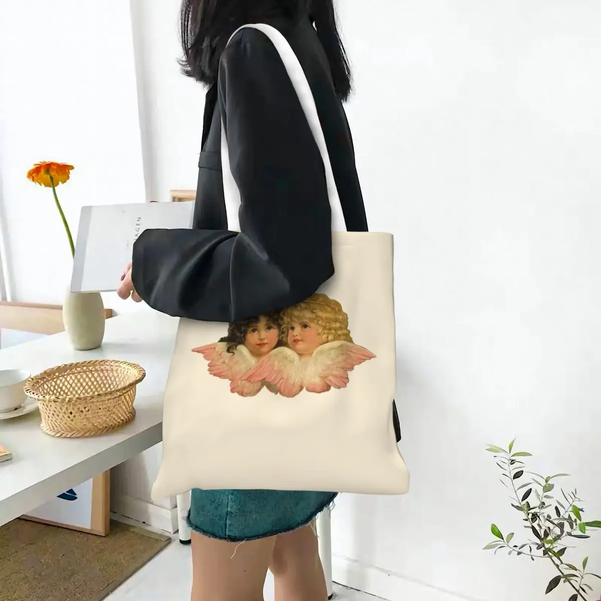 Vintage Cherub Angelic Angels Wearing Crowns Canvas Tote Bag Aesthetic Large Capacity Casual Bags for Unisex