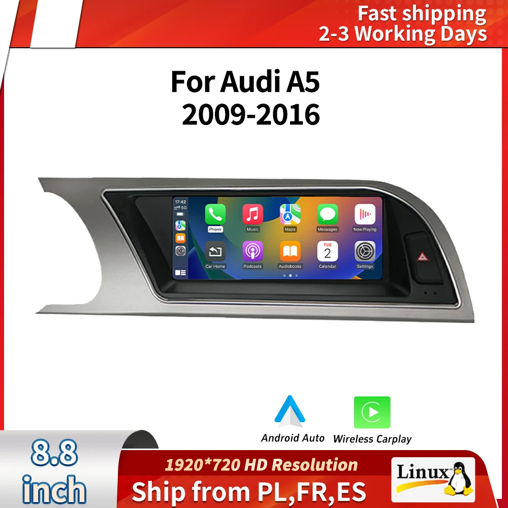 Écran de voiture pour Audi A5 2009-2016, CarPlay sans fil, Android Auto, rétroviseur, résolution 1920*720, moniteur multimédia intelligent