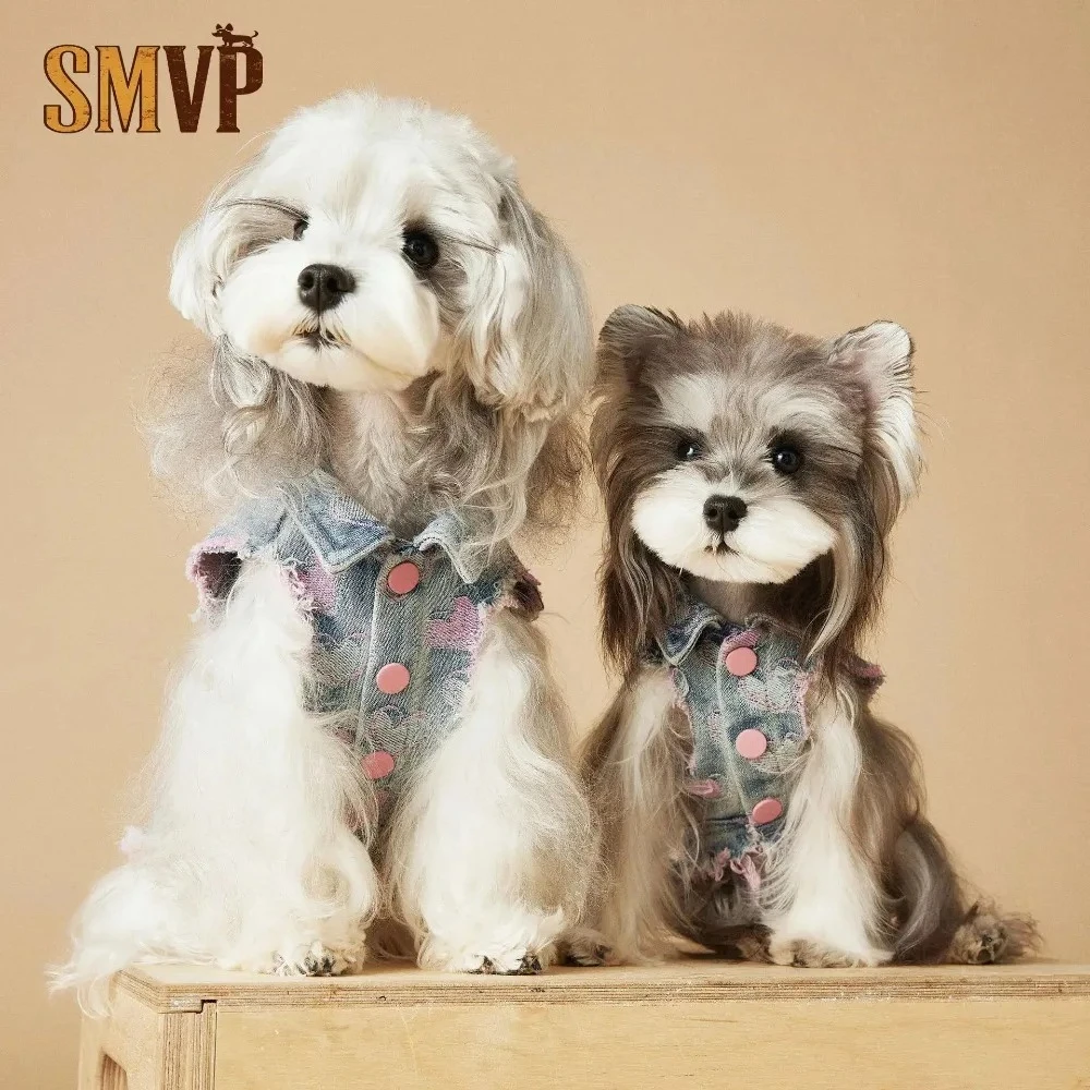 

Summer Pink Love Embroidery Sweet Breathable Denim Vest Small Dog Clothes Dog Vest Pet Shirt