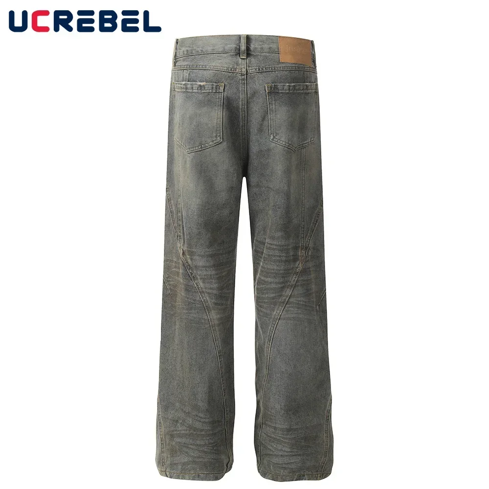 Pantaloni in denim effetto lavato impiombato Pantaloni da uomo jeans da uomo con tasca alta da strada dritti larghi a gamba larga