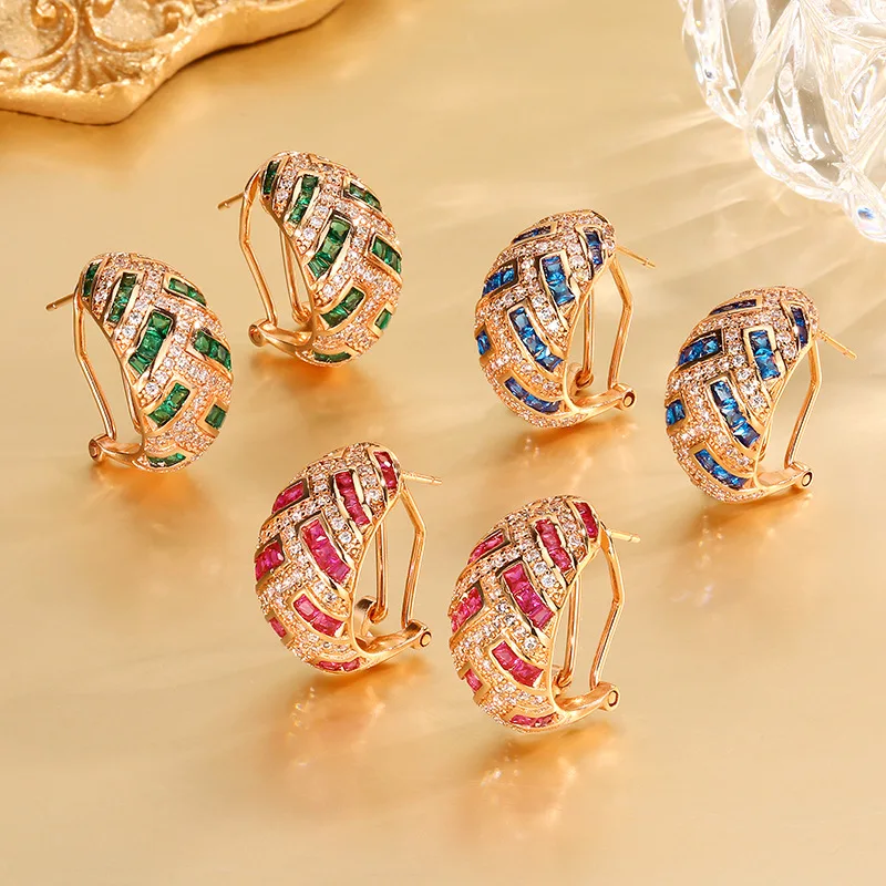 

Luxury Rose Gold Geometric Braided Hoop Earrings Ruby Blue Cubic Zirconia Earrings for Women Party Wedding Crystal Jewelry Gift