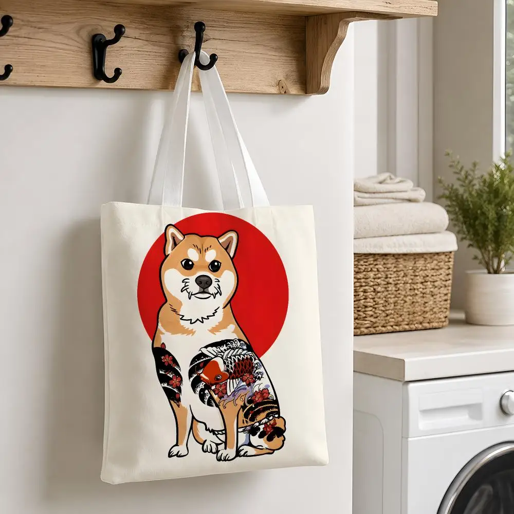 Shiba Inu Japanese Tattoo Storage Bags Canvas Tote Reusable Shoulder Carry For Shopping Travel Work And School