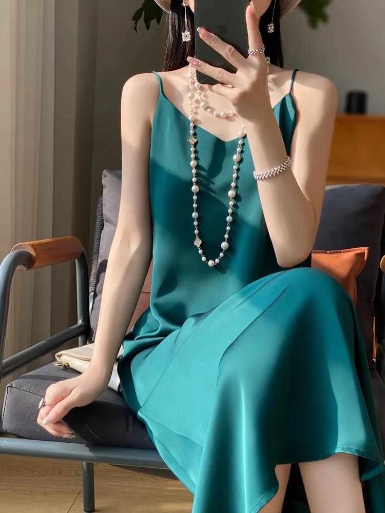 실크 브이넥 랩 드레스 아세테이트 새틴 롱 드레스 여름 신상 여성용 뽕나무 실크 슈트 이너웨어 스트랩리스 가운